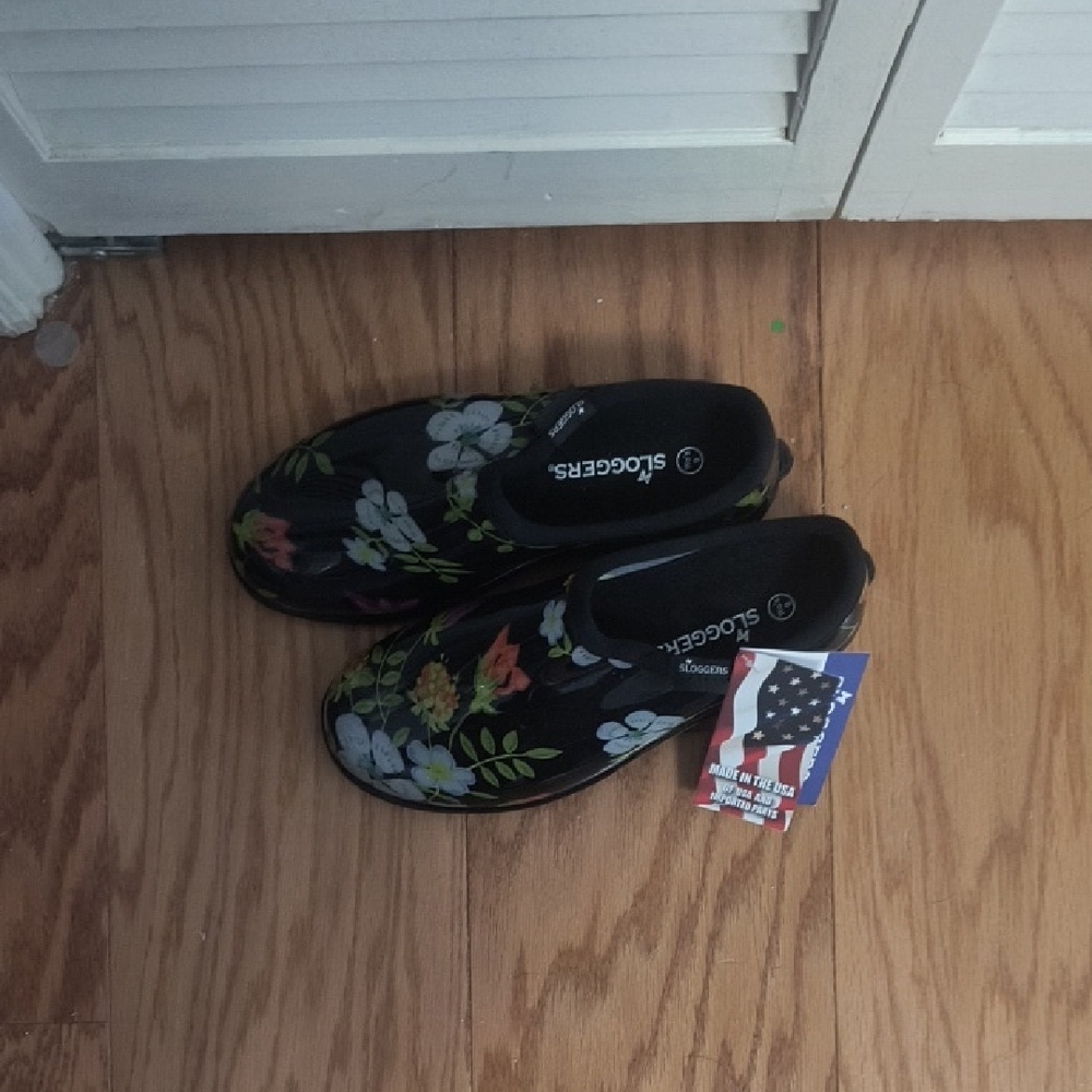 Brand New, Never Worn Sloggers Black Floral Garden Clogs